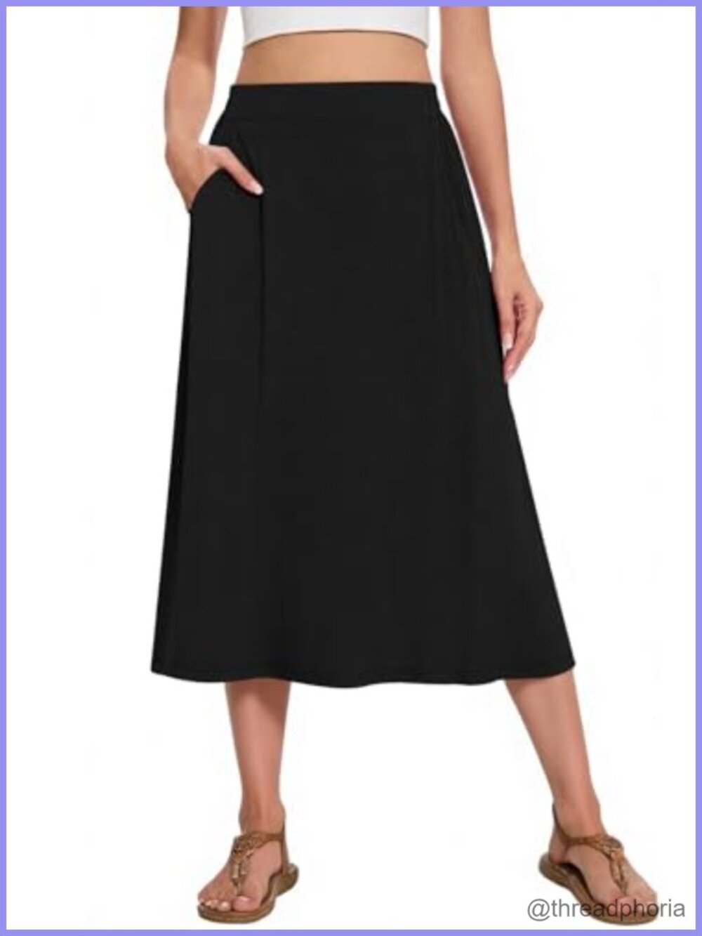 Midi A-Line Skirt High Waisted Flowy Casual with Pockets